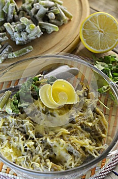 Cooked dish of roasted green beans