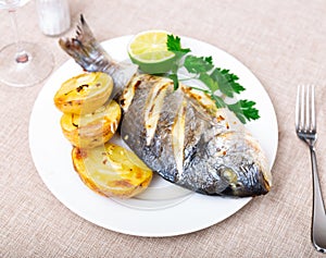 Cooked dorada served on plate with herbs lime and potatoes on the side