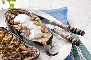 Cooked Eggplants on a plate with tzatziki