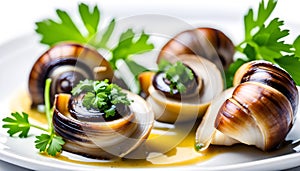 Cooked Escargots De Bourgogne snails with garlic butter and parsley on a plate in a restaurant, delicious and healthy food,
