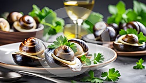 Cooked Escargots De Bourgogne snails with garlic butter and parsley on a plate in a restaurant, delicious and healthy food,