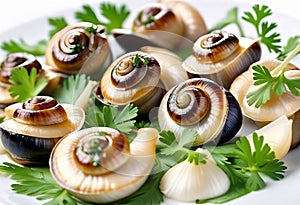 Cooked Escargots De Bourgogne snails with garlic butter and parsley on a plate in a restaurant, delicious and healthy food,