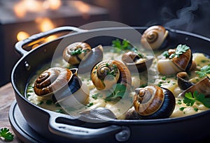 Cooked Escargots De Bourgogne snails with garlic butter and parsley on a plate in a restaurant, delicious and healthy food,