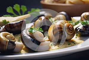 Cooked Escargots De Bourgogne snails with garlic butter and parsley on a plate in a restaurant, delicious and healthy food,