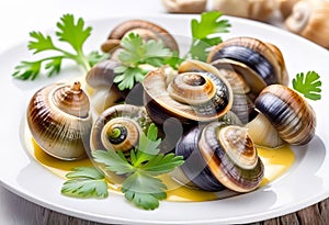 Cooked Escargots De Bourgogne snails with garlic butter and parsley on a plate in a restaurant, delicious and healthy food,