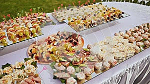 Cooked festive treats for guests on the occasion of the wedding. Beautifully decorated buffet. Nature. Celebration.
