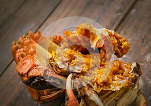 A cooked hairy crab on the table.