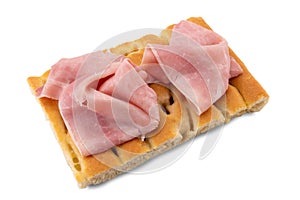 Cooked ham on slice of focaccia bread