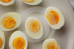 Cooked Hard Boiled Eggs on a Plate, top view. Close-up