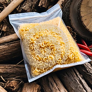 Cooked instant noodles in plastic packaging on stump. Generative AI
