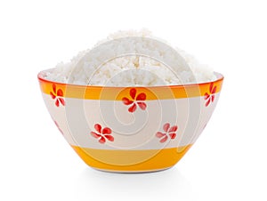 Cooked Jasmin Rice in ceramic  bowl on white