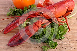 Cooked lobster with various vegetables