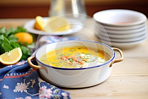 cooked masoor dal soup with lemon slice on side