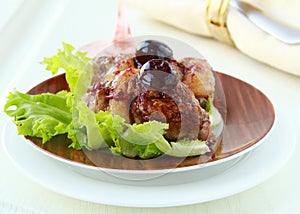 Cooked meat duck with berry sauce and salad