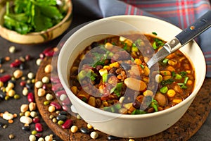 Cooked mixed legumes beans lentils stew with tomatoes photo