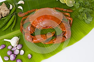 Cooked mud crab on fresh green banana leaf