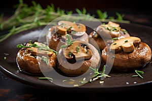 Cooked mushrooms on plate for dinner. Generative AI