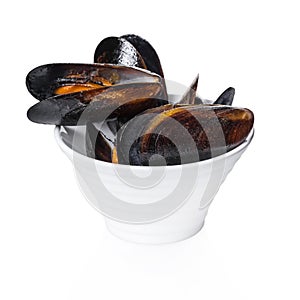 Cooked mussels in a bowl