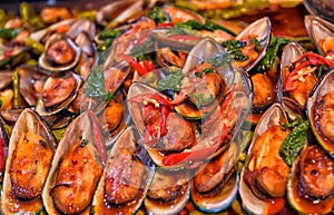 Cooked mussels on the counter,