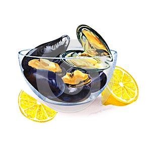 Cooked mussels with lemon on transparent plate, isolated, close-up, seafood, hand drawn watercolor illustration on white