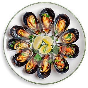 Cooked mussels on a round plate, arranged in a circle, with pieces of lime, garnished with fresh green herbs. Generative AI