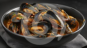 cooked mussels sit in a bowl and displayed in front of a gray background