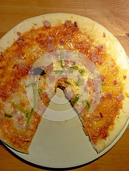 Cooked Pizza Special on a plate with one part eaten