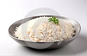 Cooked plain white basmati rice in a gray plate Isolated on white background