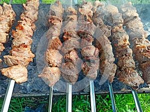 Cooked pork meat. Barbecue lunch. Appetizing shashlik on skewers on plate