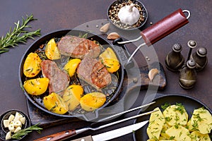 Cooked pork with peach in fry pan