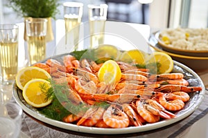 cooked prawns, fresh lemons, and herbs on a platter for new years eve