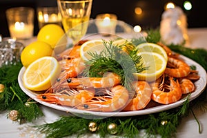 cooked prawns, fresh lemons, and herbs on a platter for new years eve