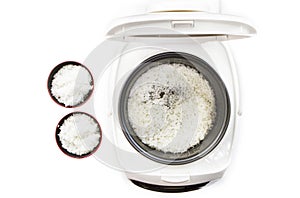 Cooked rice in cooker pot.