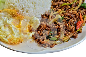 Cooked rice with spicy minced meat salad