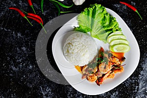 Cooked rice with Stir fried shrimp basil,thai food photo