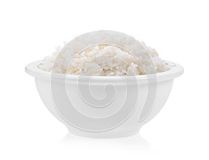 Cooked rice in white bowl isolated on white background