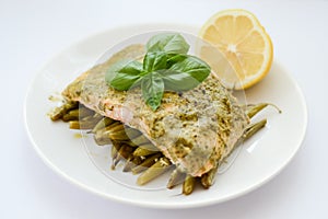 Cooked salmon with garnish