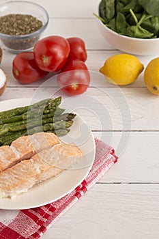 Cooked Salmon Slices and Asparagus Spears