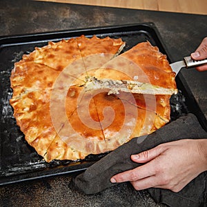 Cooked saury fish pie on a baking sheet, top view