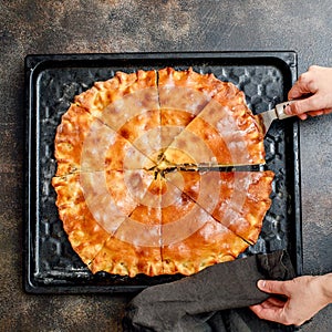 Cooked saury fish pie on a baking sheet, top view