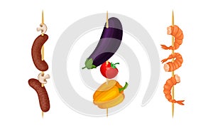 Cooked Sausages and Vegetables on Skewers or Wooden Sticks Vector Set