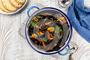 Cooked seafood mussels in a blue pan, with parsley and tomato sauce. photo