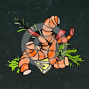 Cooked Shrimp or Prawn Cocktail, Herbs and Lemon. Isolated On Chalkboard Background Doodle Cartoon Vintage Hand Drawn