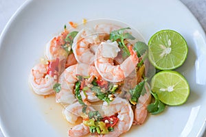 Cooked shrimps prawns and seafood spicy chili sauce coriander, cooking shrimp salad lemon lime, Fresh shrimp on white plate and
