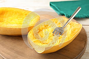 Cooked spaghetti squash and fork