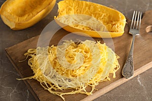 Cooked spaghetti squash and fork