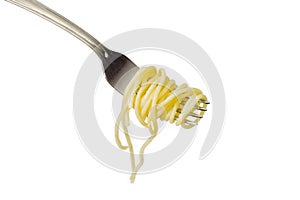 Cooked spaghetti wound around fork on a white background