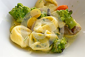 Cooked Tortellini in White Bowl, Agnolotti, Cappelletti, Dumplings, Stuffed Pasta, Tortelloni, Ravioli, Cappelletti