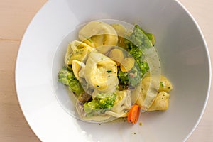 Cooked Tortellini in White Bowl, Agnolotti, Cappelletti, Dumplings, Stuffed Pasta, Tortelloni, Ravioli, Cappelletti