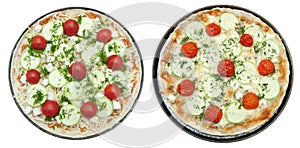 Cooked and uncooked pizza with goat cheese